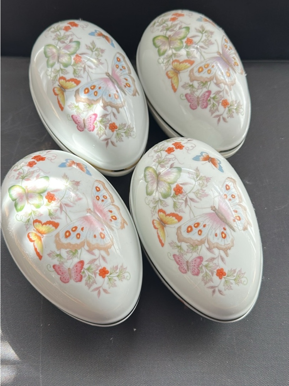 Avon White Porcelain Egg Trinket Boxes with Multicolor Butterfly Motif